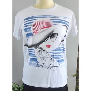 Women's Sail Away Nautical Cruise Theme T-Shirt White Lady Hay Sunglasses Sz XL